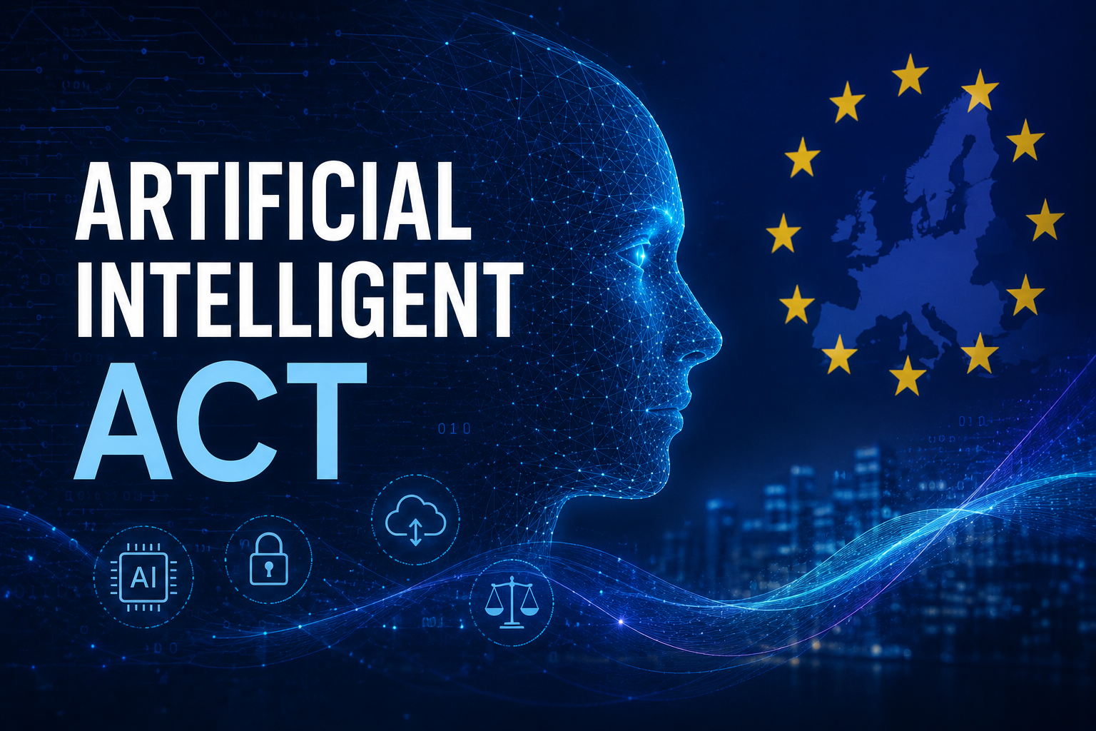 Illustrazione dell'Artificial Intelligence Act (AI Act) dell'Unione Europea con volto digitale e tecnologia AI.
